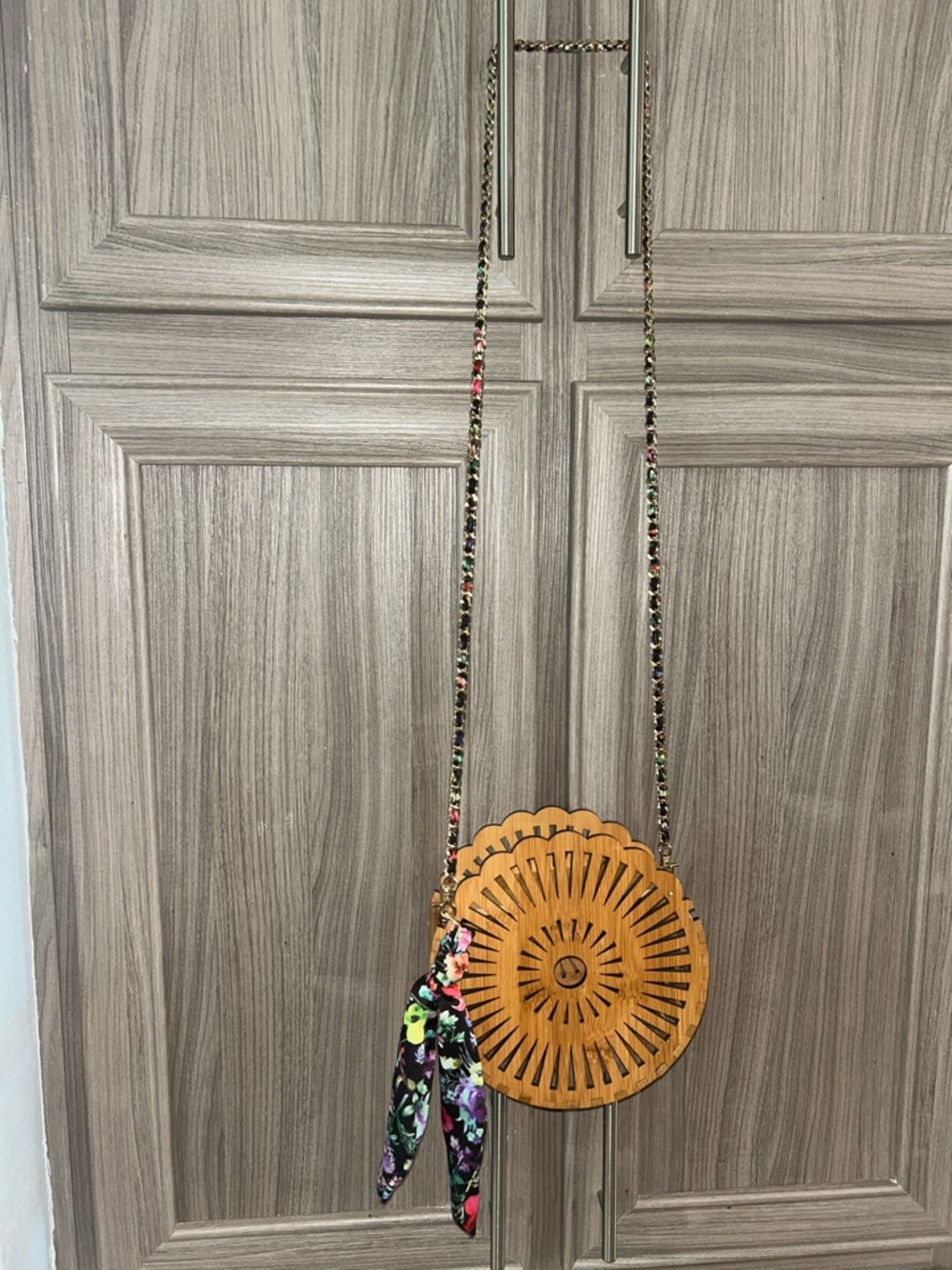 Boho Round Wooden Floral Chain Crossbody Bag with Floral Scarf - Tan